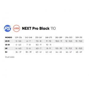 PS Next Pro Black 110 Sizing Chart