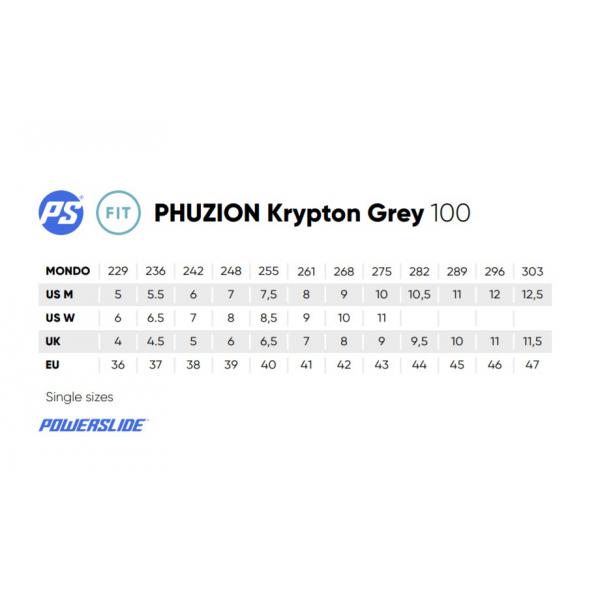 PS Krypton Grey 100 Sizing Chart