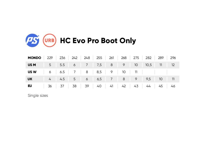 908385 HC Evo Pro Boot Only sizingchart 1