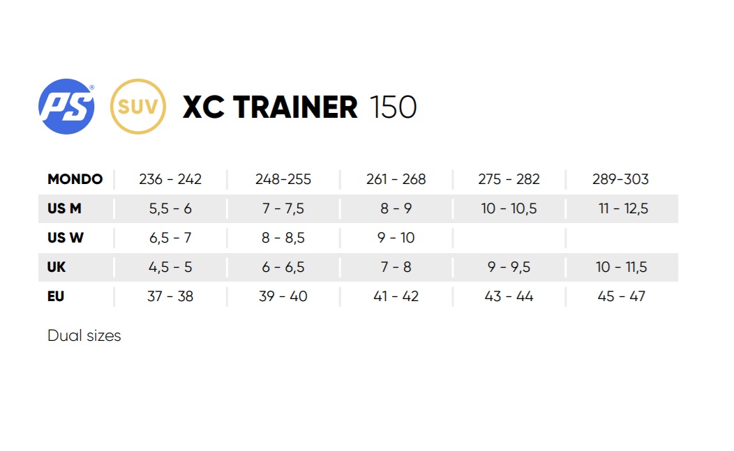 PS XC Trainer 150 Sizing Chart